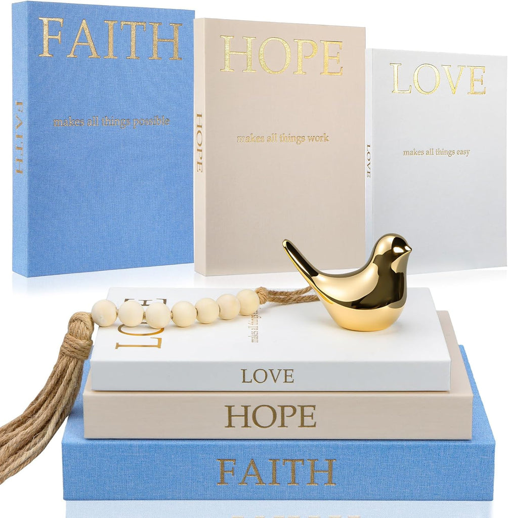 Set of 3 Linen Decorative Books Set Includes Gold Bird and Wooden Beaded Tassel Elegant Aesthetic Fake Books for