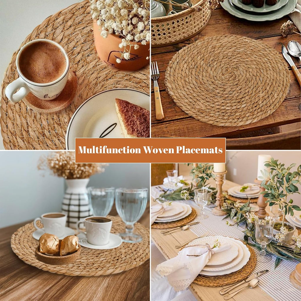Round Woven Placemats, 12 Inch Boho Farmhouse Rattan Placemats Rustic Braided Wicker Table Place Mats - Set of 6