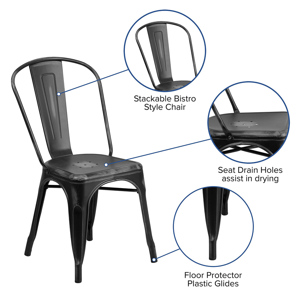 Distressed Black Metal Indoor/Outdoor Stackable Chair