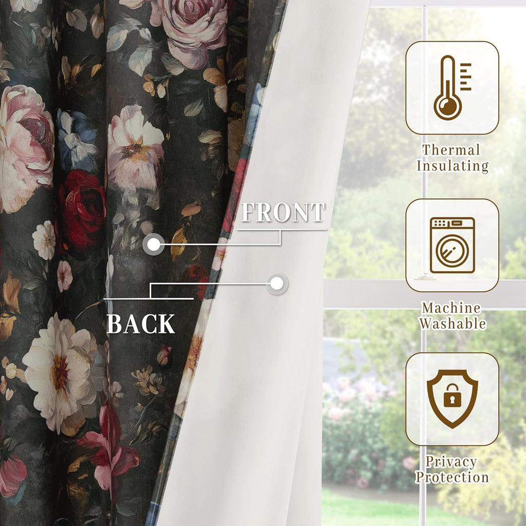 Floral Velvet Curtains 96 inches Long, Retro Blossom Printed Drapes with Energy Saving Luxury Decorative Floor to
