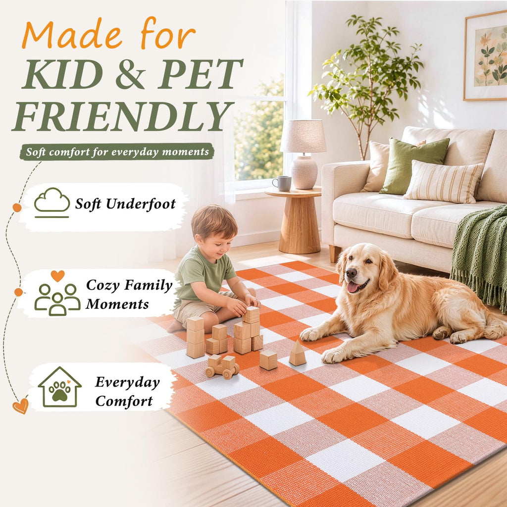 Orange and White Buffalo Plaid Rug 3x5, Indoor Outdoor Rug
