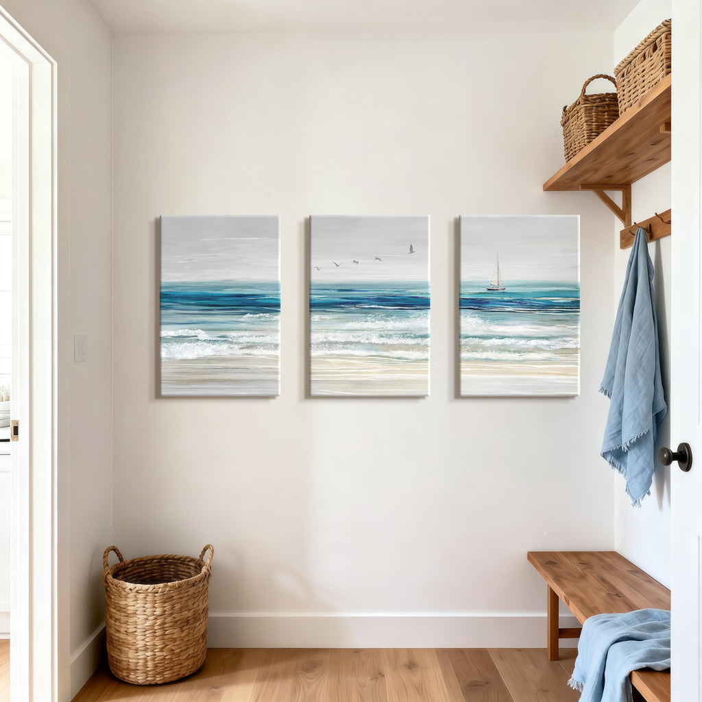 3Pcs Abstract Blue Beach Ocean Canvas Wall Art Paintings 16"x24"