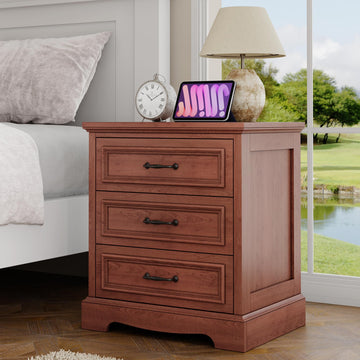 Farmhouse 3 Drawers Dresser with Charging Station, Nightstand Bedside, Wood Small End Table Dresser Chest of Drawers