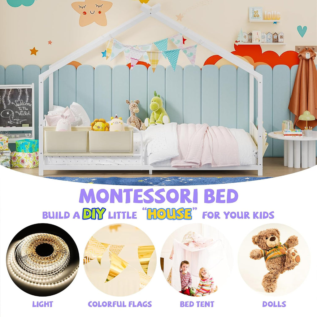 House Shape Twin Size Montessori House Bed Metal Floor Bed with Caddy | Twin Bedframe for Kids No Box Spring Needed