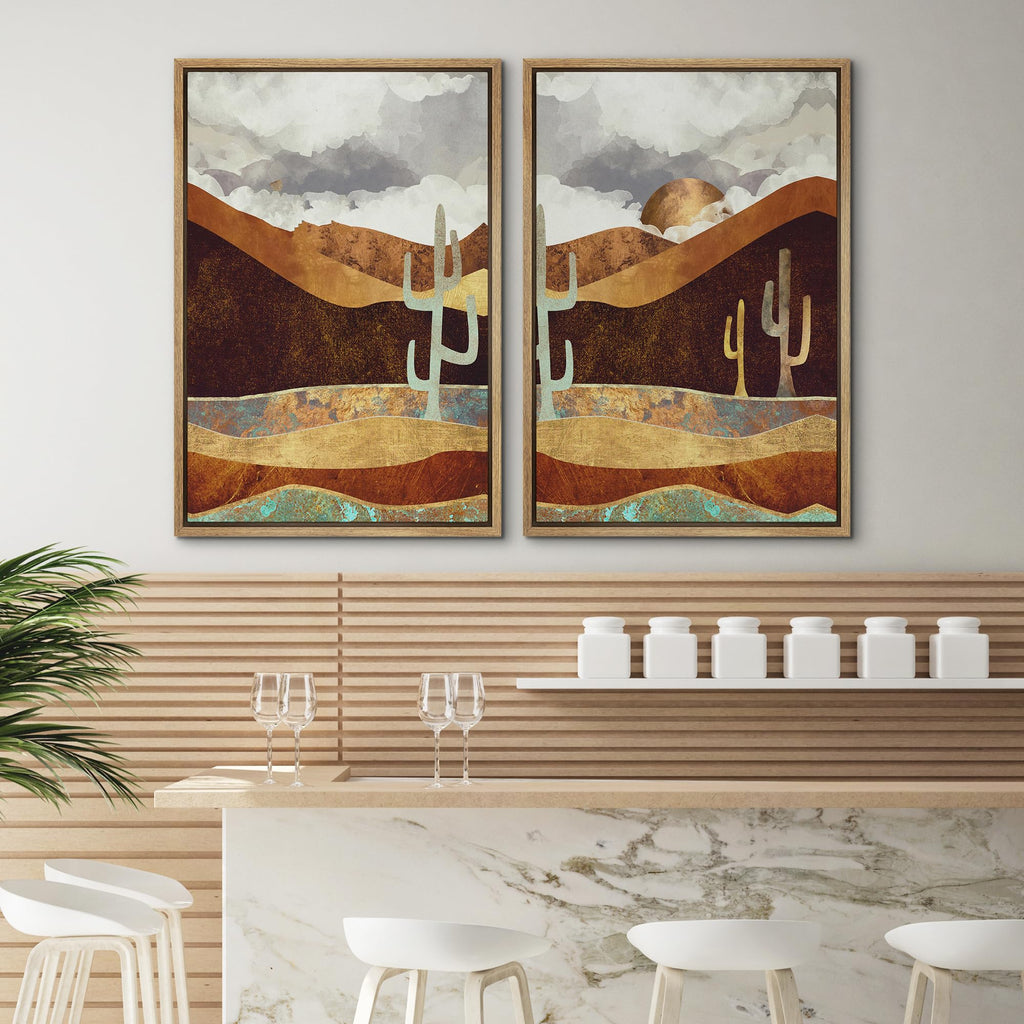 Framed Canvas Print Wall Art Set Geometric Granite Desert Cactus Landscape Nature Wilderness Illustrations Modern Art