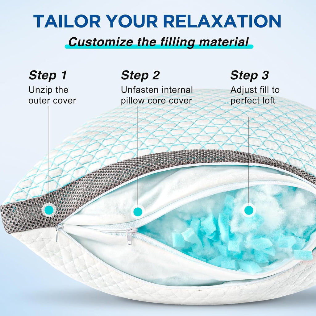 Cooling Pillows King Size Set of 2,Shredded Memory Foam Pillows | Bed Pillow for Hot Sleepers Adjustable Firm Pillow