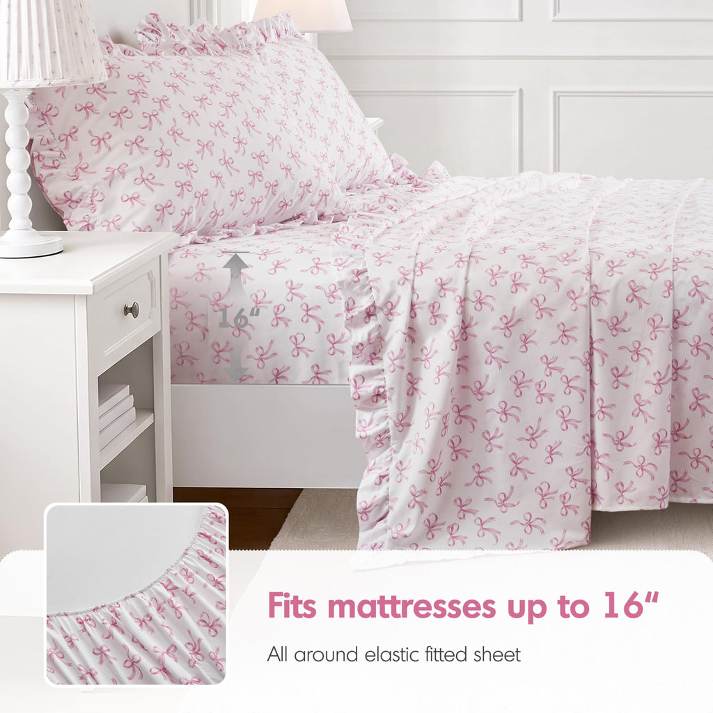 Bow Ruffle Sheet Set 4 Piece, White/Pink