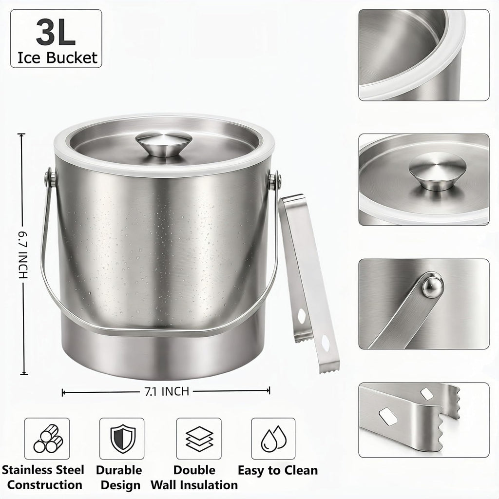 3L Stainless Steel Ice Bucket with Lid & Tongs for Parties