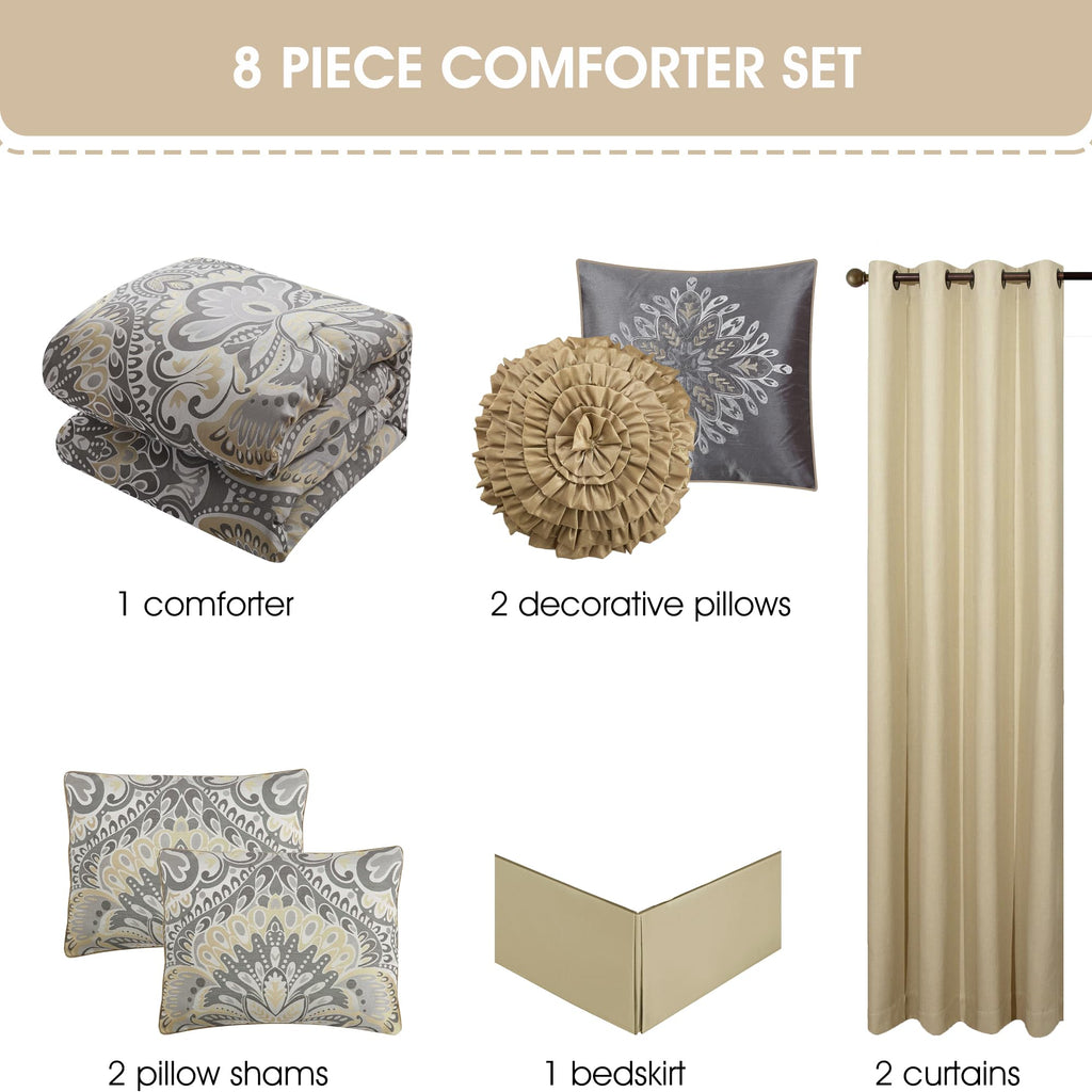 Grey Yellow 8 Piece Comforter Set King Floral Jacquard Bedding