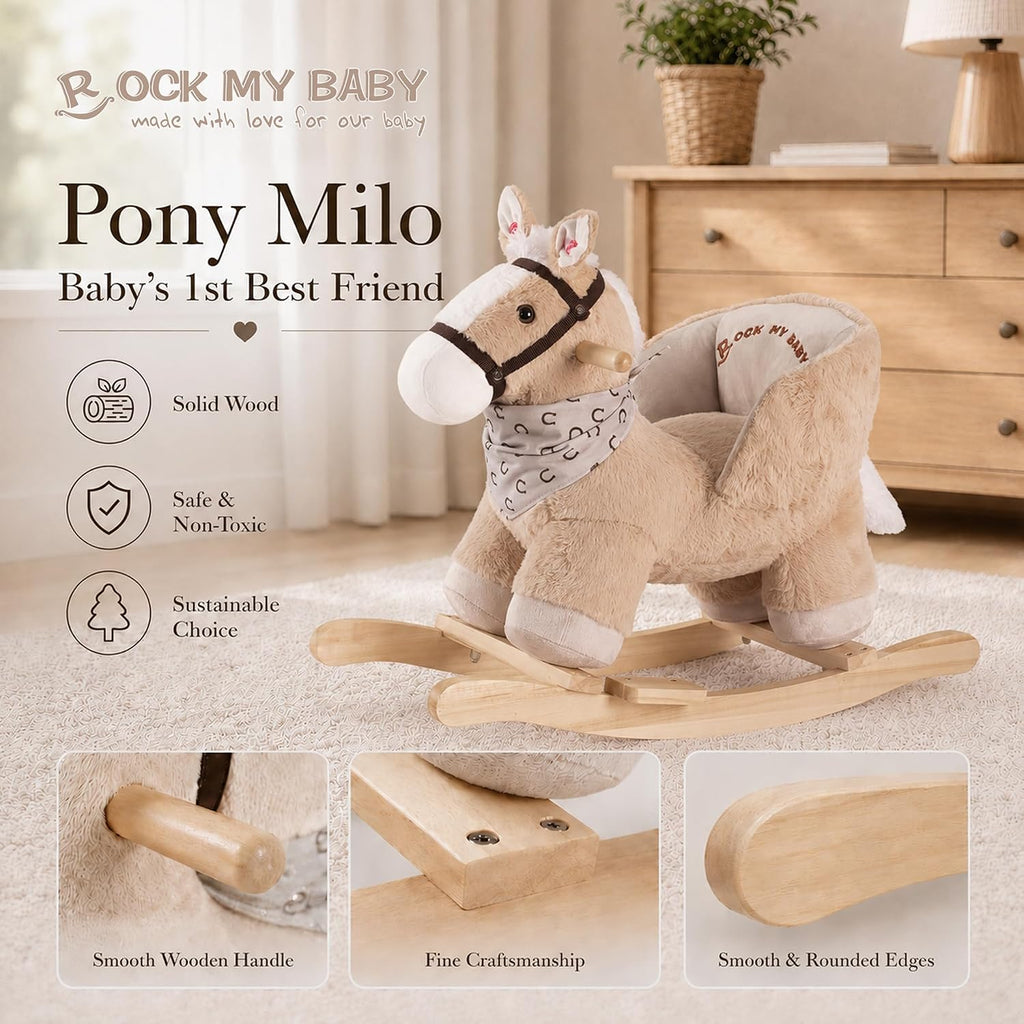 My Baby Rocking Horse with Seat, Plush Ride-On Rocker with Realistic Sound, Wooden Rocking Horse for Toddlers Ages