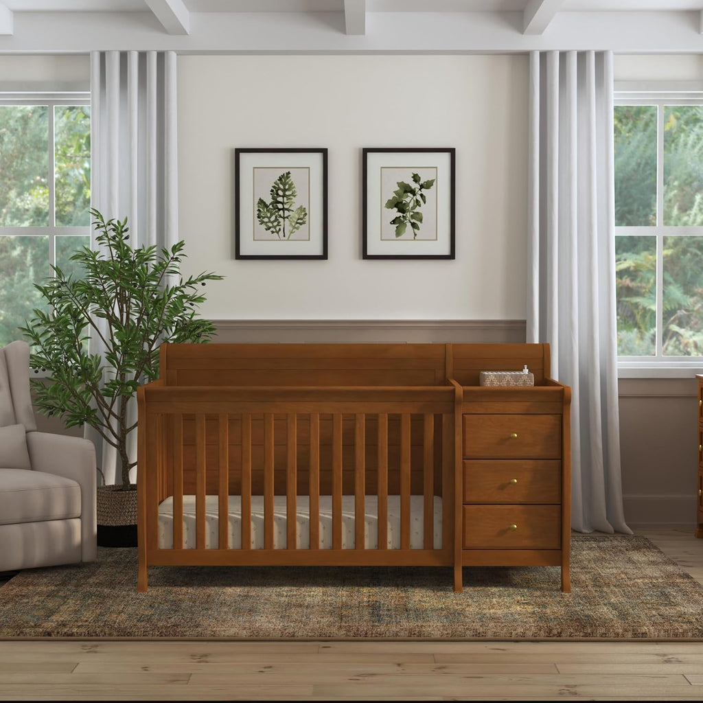 Kalani 4-in-1 Convertible Crib and Changer Combo in Chestnut | GREENGUARD Gold Certified, Converts to Toddler Bed