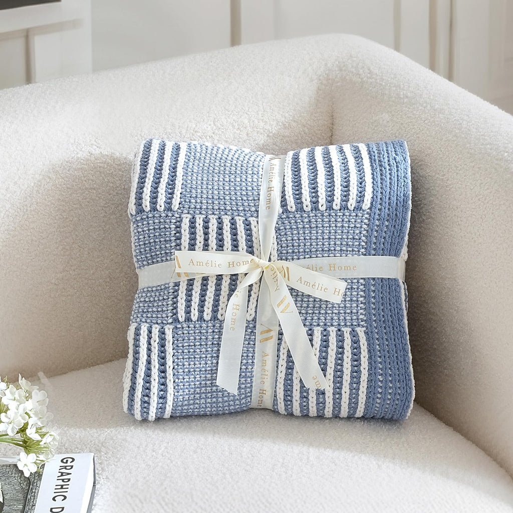 Checkered Knit Throw Blanket for Couch, Blue 50"x60"