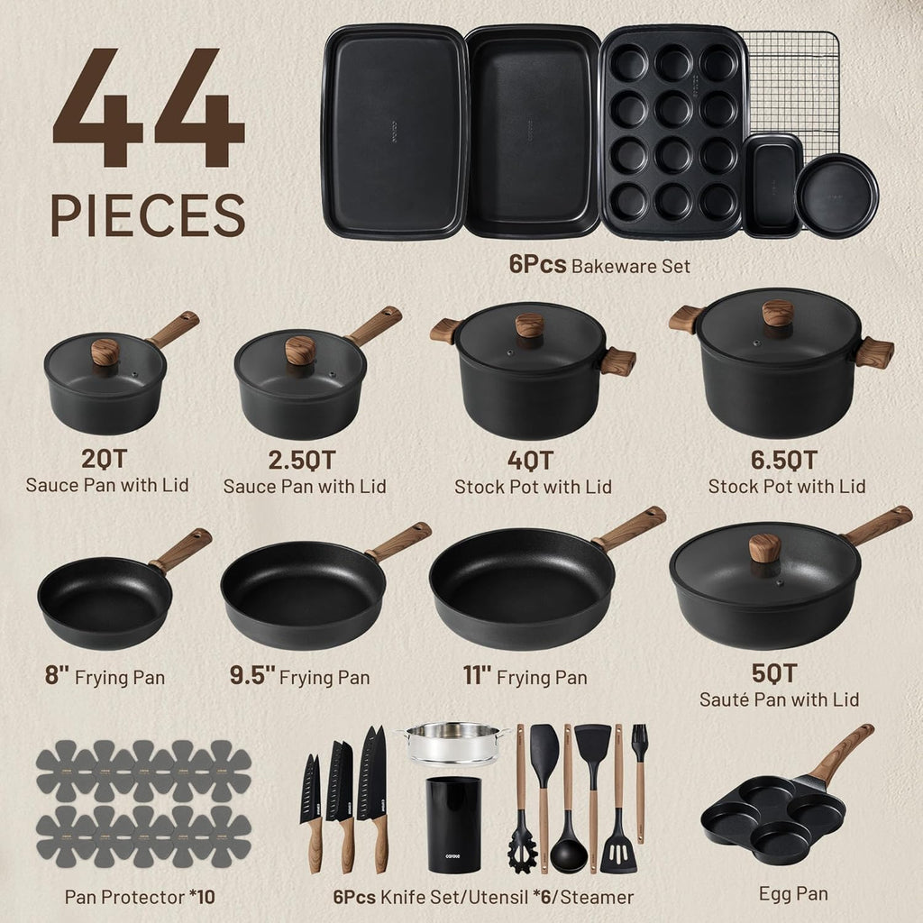 44pcs Pots and Pans, Nonstick Cookware Set with Bakeware | Induction Kitchen Cooking Set, Durable, Easy Food Release