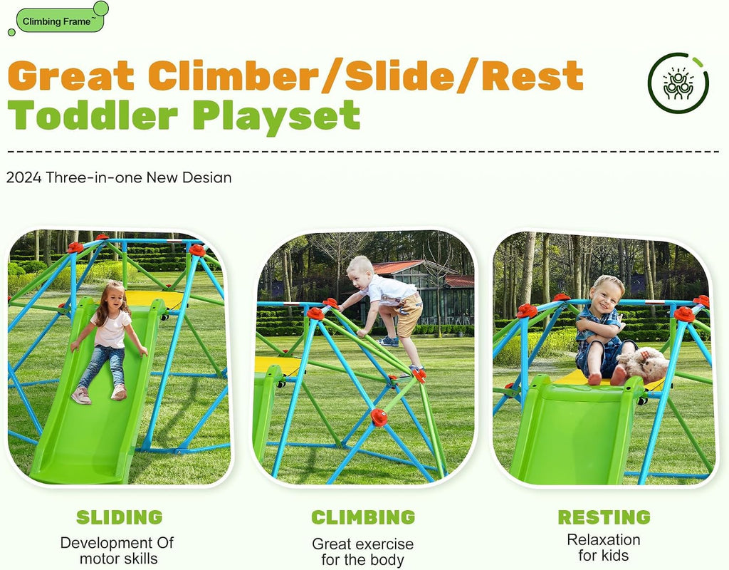 Climbing Dome with Slide Max Load 440Lbs, 8FT Jungle Gym Monkey Bar for Backyard, 2 in 1 Outdoor Climbing Frame Toys