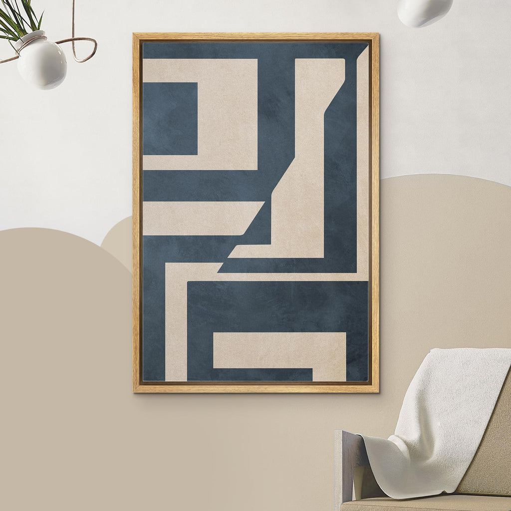 Framed Canvas Print Wall Art Blue & Tan Polygon Symbols Abstract Geometric Illustrations Modern Art Minimalism Shapes
