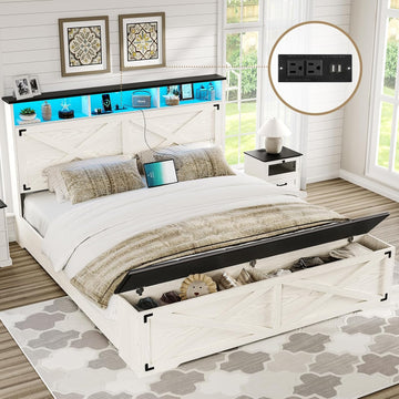 Farmhouse Queen Bed Frame with Storage Headboard, Charging Station and LED Lights Wood Platform Bed Frame Queen with