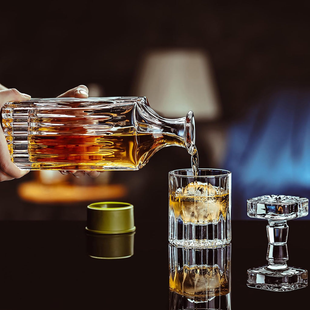 13-Piece Whiskey Decanter Gift Set for Men, 27oz Lead-Free Liquor Decanter with 6 x 7.5oz Heavy Base Glasses & 6 Ice - Set of 13
