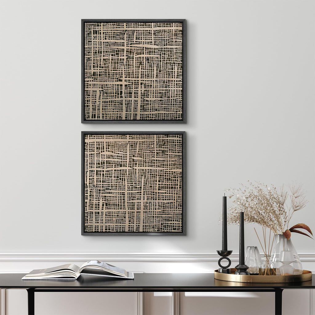 Framed Canvas Print Wall Art Set Abstract Grid Pattern Artwork, Neutral Geometric Illustrations Modern Art Minimal