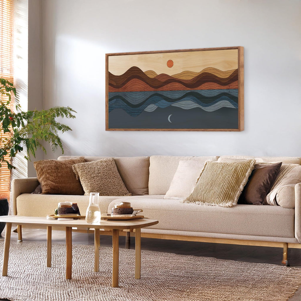 Framed Canvas Wall Art, Sun and Moon Long Horizontal Wall Decor, Mid Century Modern Painting, Vintage Abstract Wave