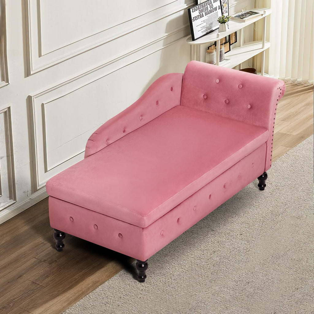 Velvet Chaise Lounge w/Right Armrest & Storage Space, Pink