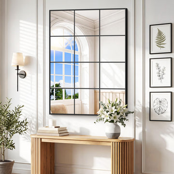 Rectangle Mirror Wall Mounted, 36"x48" Window Pane Mirror Wall Decor Metal Framed, Large Black Mirror Living Room