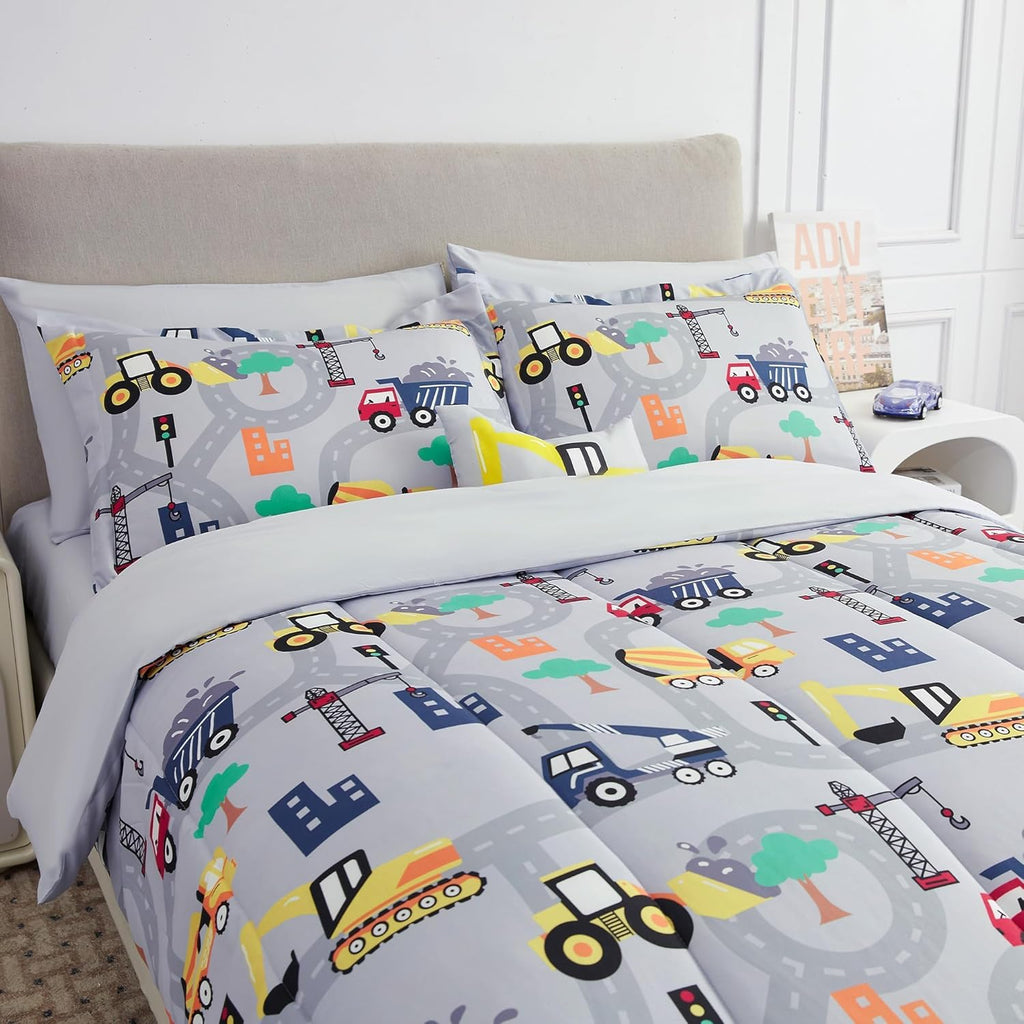 Kids Twin Comforter Sets for Boys 6 Pieces Excavator Grey Bedding Set for Teens Soft Microfiber Kids Bed in A Bag