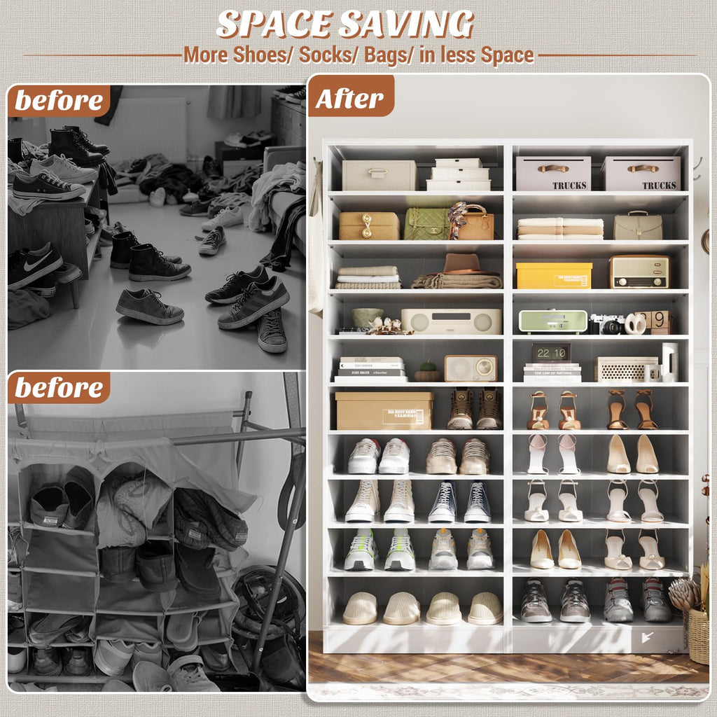 10 Tiers Narrow Shoe Cabinet Set of 2, 35.4" Tall Wood Shoe Rack, Shoe Storage Organizer with Open Storage, Vertical