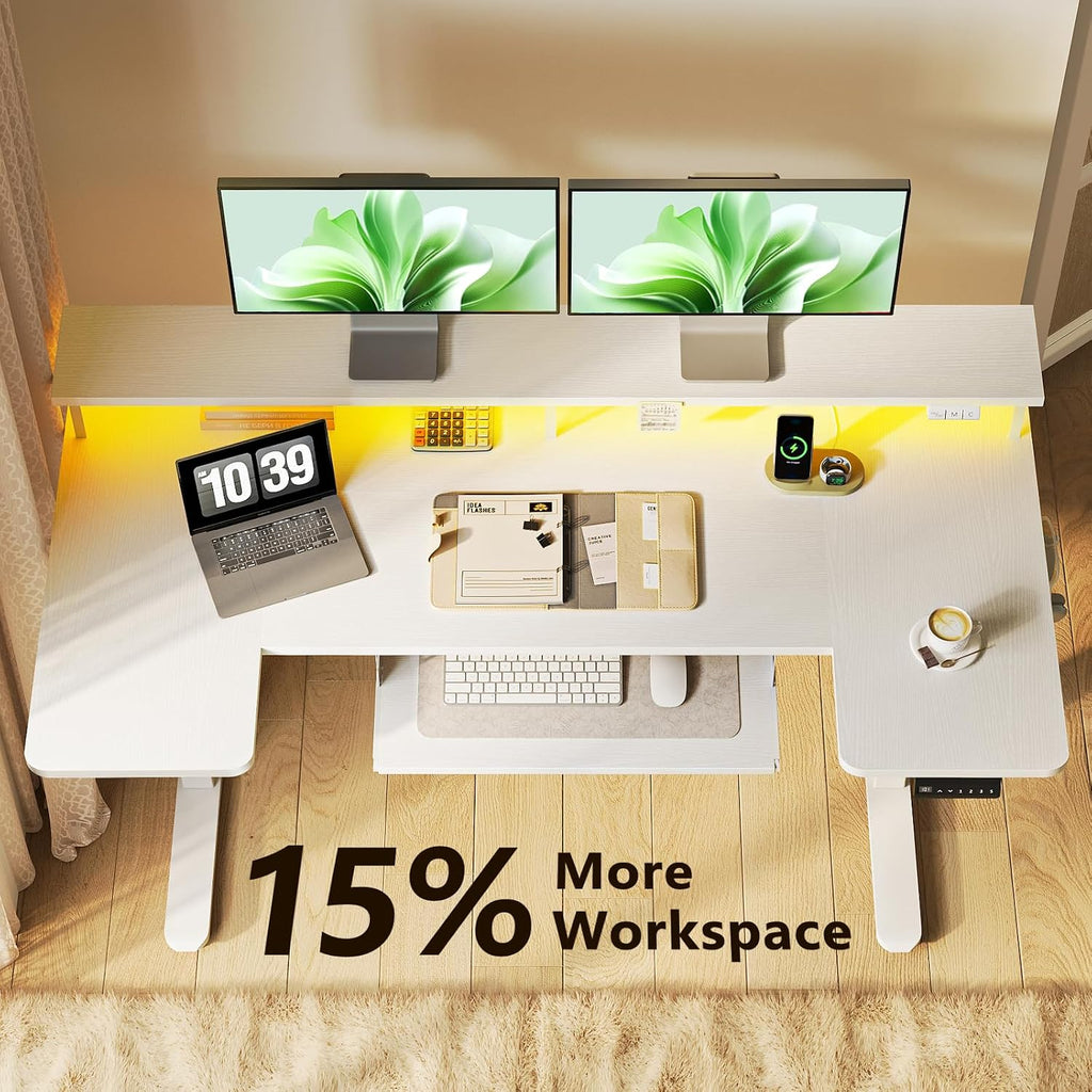 55 Inch U Shaped Electric Standing Desk with Keyboard Tray, White | 3 Outlets & 2 USB Ports, Dual-Monitor Stand, 10