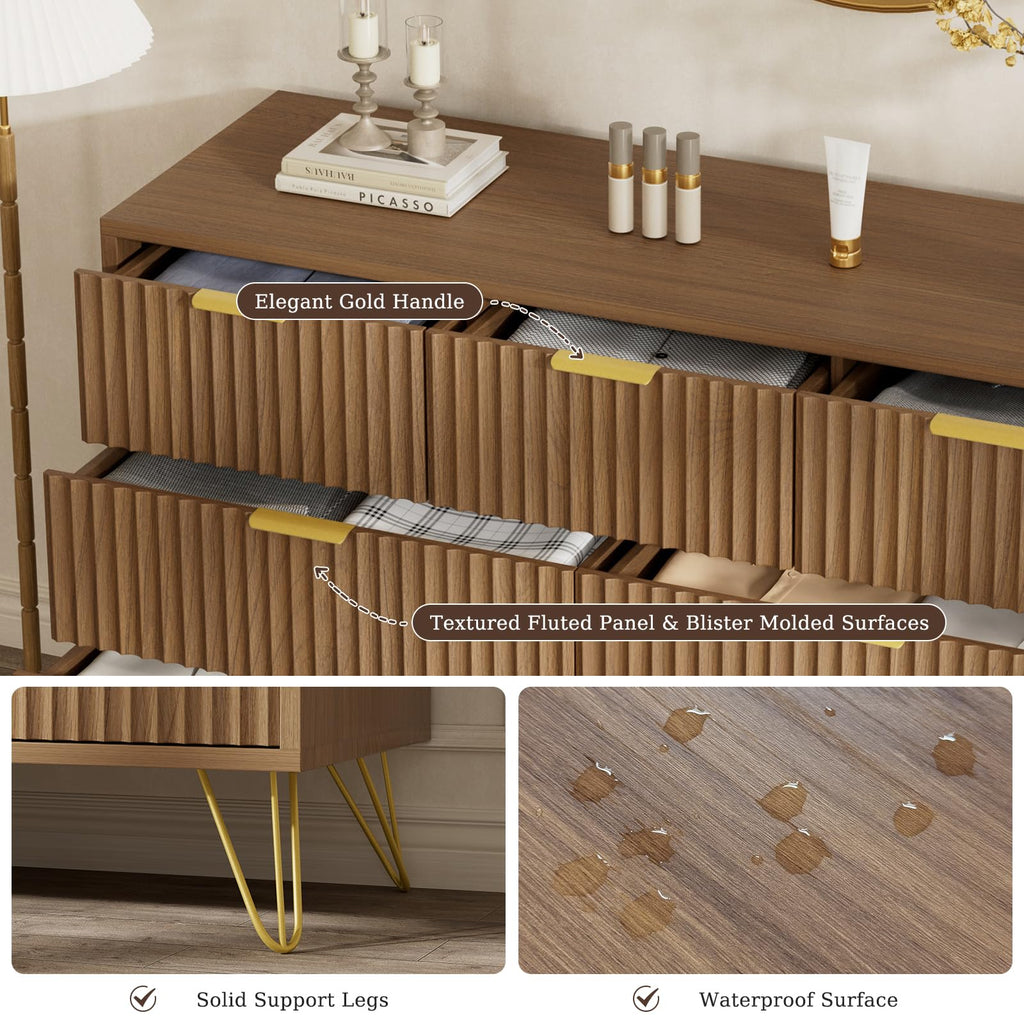 Fluted Dresser, Walnut 7 Drawer Dresser with Gold Handles and Wide Drawers, Wood Chest of Drawers (Walnut)