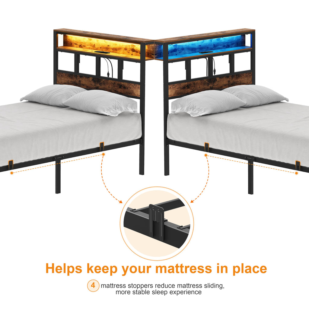 Bed Frame with Headboard and Storage Shelf, Metal Platform Bed Frame with Charging Station, LED Lights