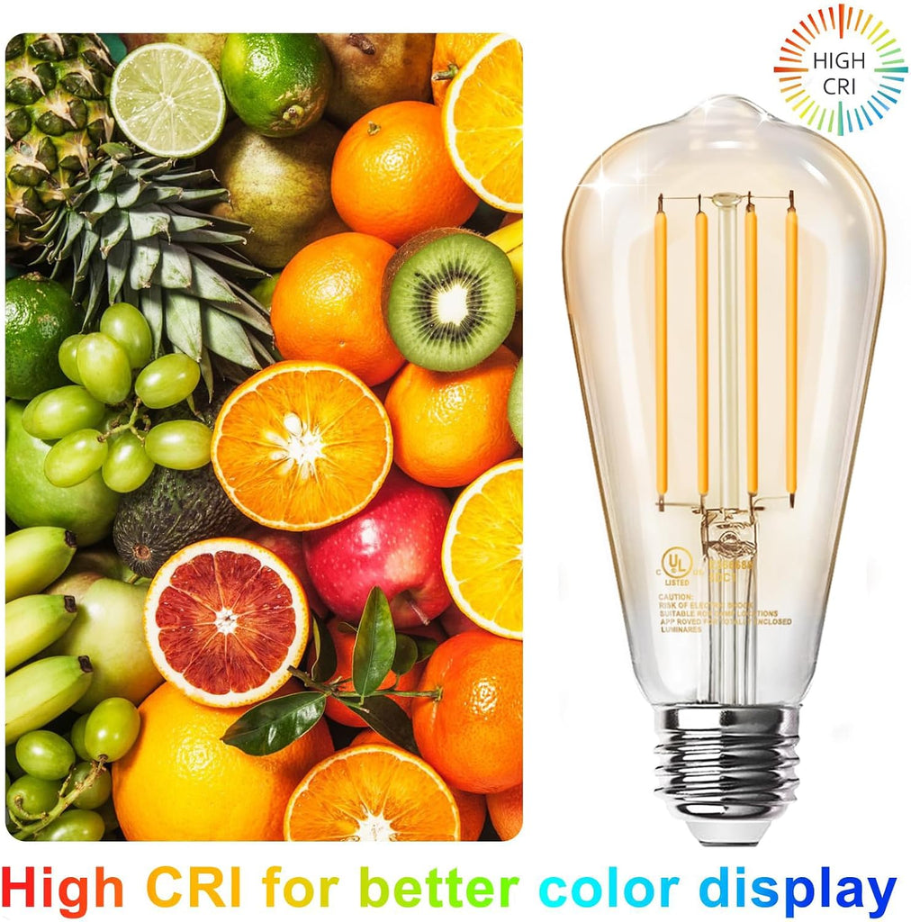 ST58 LED Edison Bulbs, E26, 8W 60W Equivalent, 2200K, Dimmable