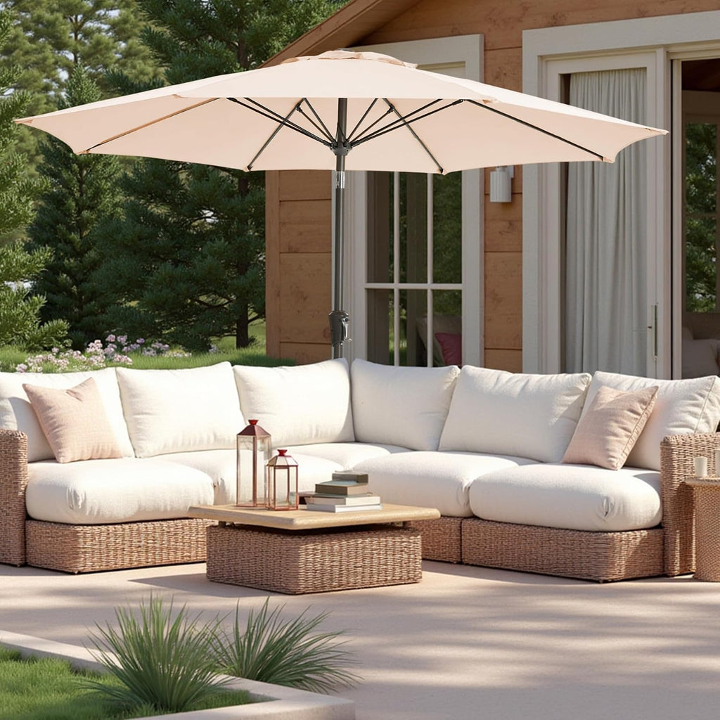 9FT Large Outdoor Patio Umbrella Pool Market Umbrella-UV Resistant, Easy Push Button Tilt and Crank - Beige