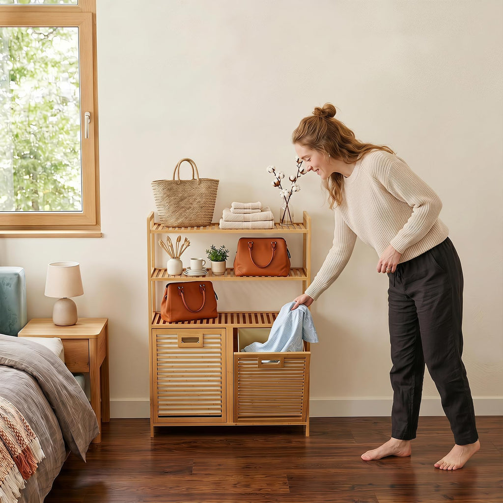 Bamboo Double Tilt Out Laundry Hamper Cabinet with Shelves