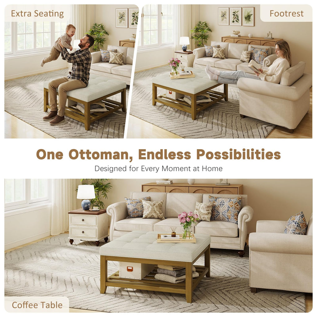 Ottoman With Storage Bench, Linen Ottoman Coffee Table, Ivory