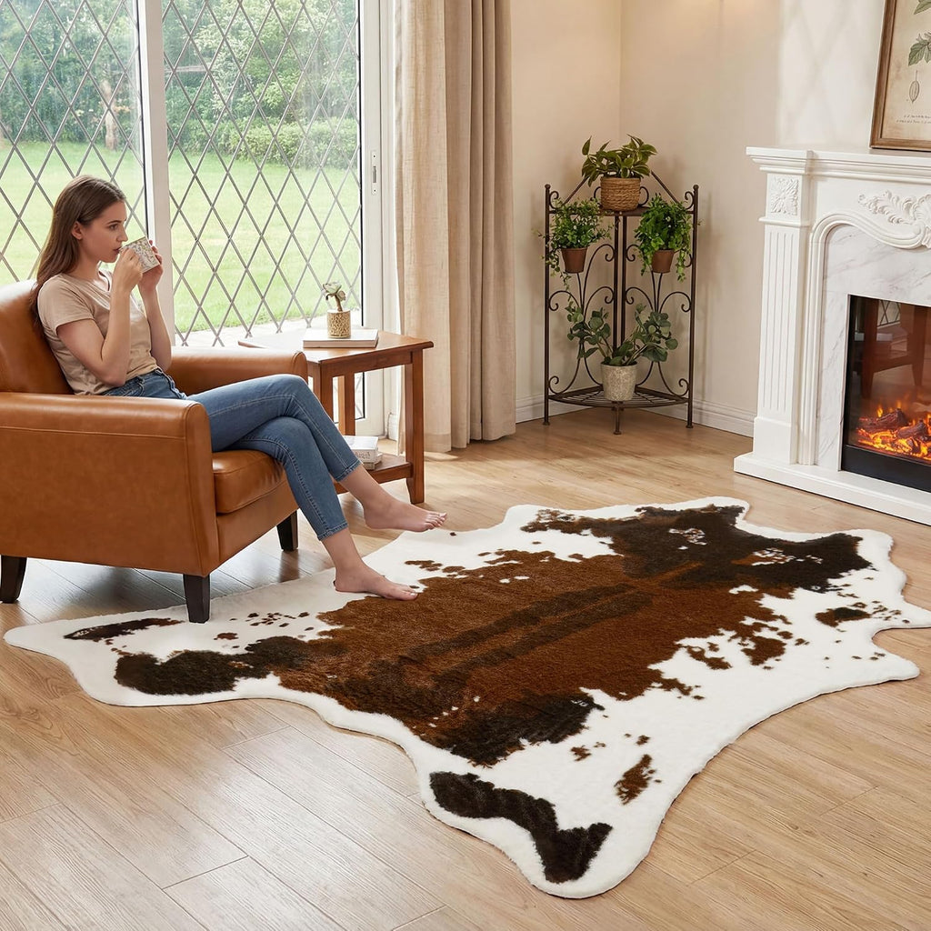 Large Durable Faux Cowhide Area Rug 4.9 x 6.56 Feet, Premium Cow Print Rug Bedroom, Durable Faux Fur Animal Cow Hide