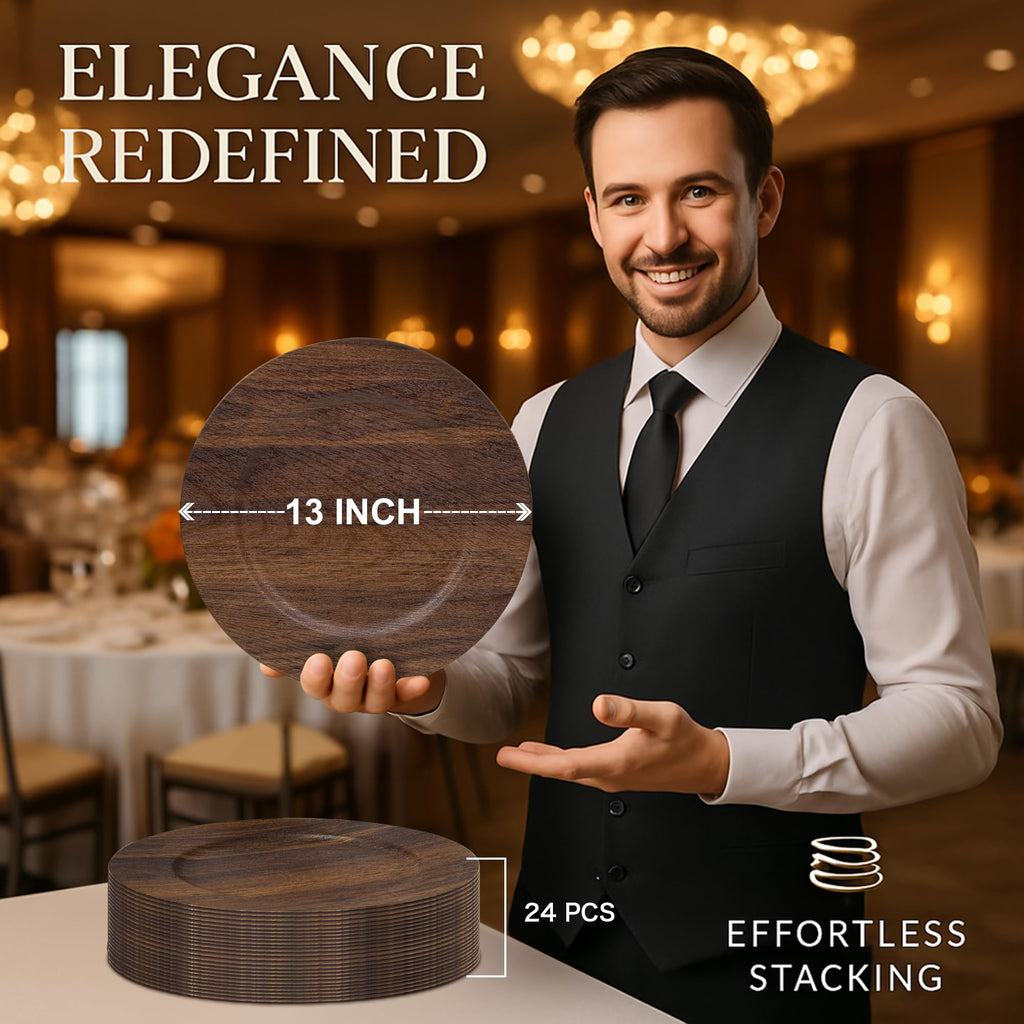 Faux Wood Charger Plates, 13", Brown, 24 Pack