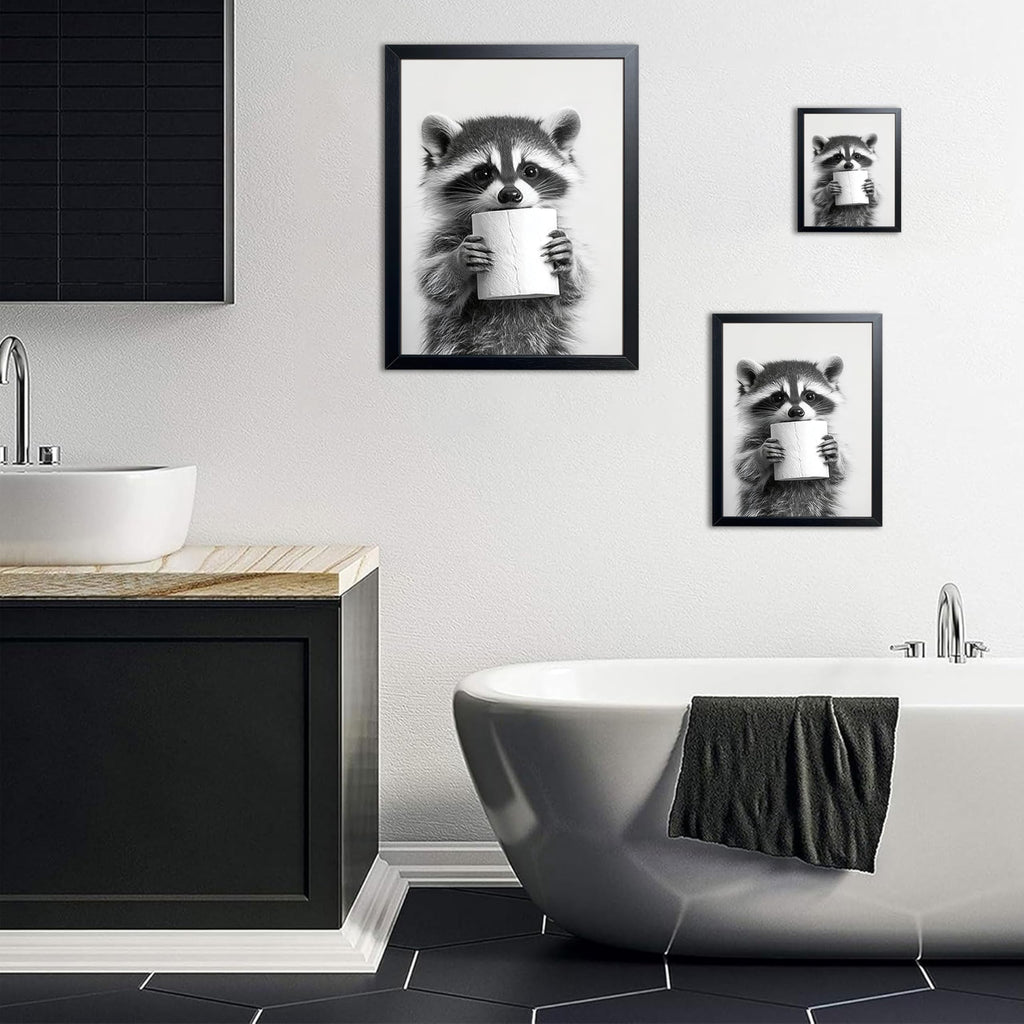 Bathroom Wall Art, Cute Black and White Raccoon Canvas Prints Poster, Funny Animal Decor Oil Painting, Modern