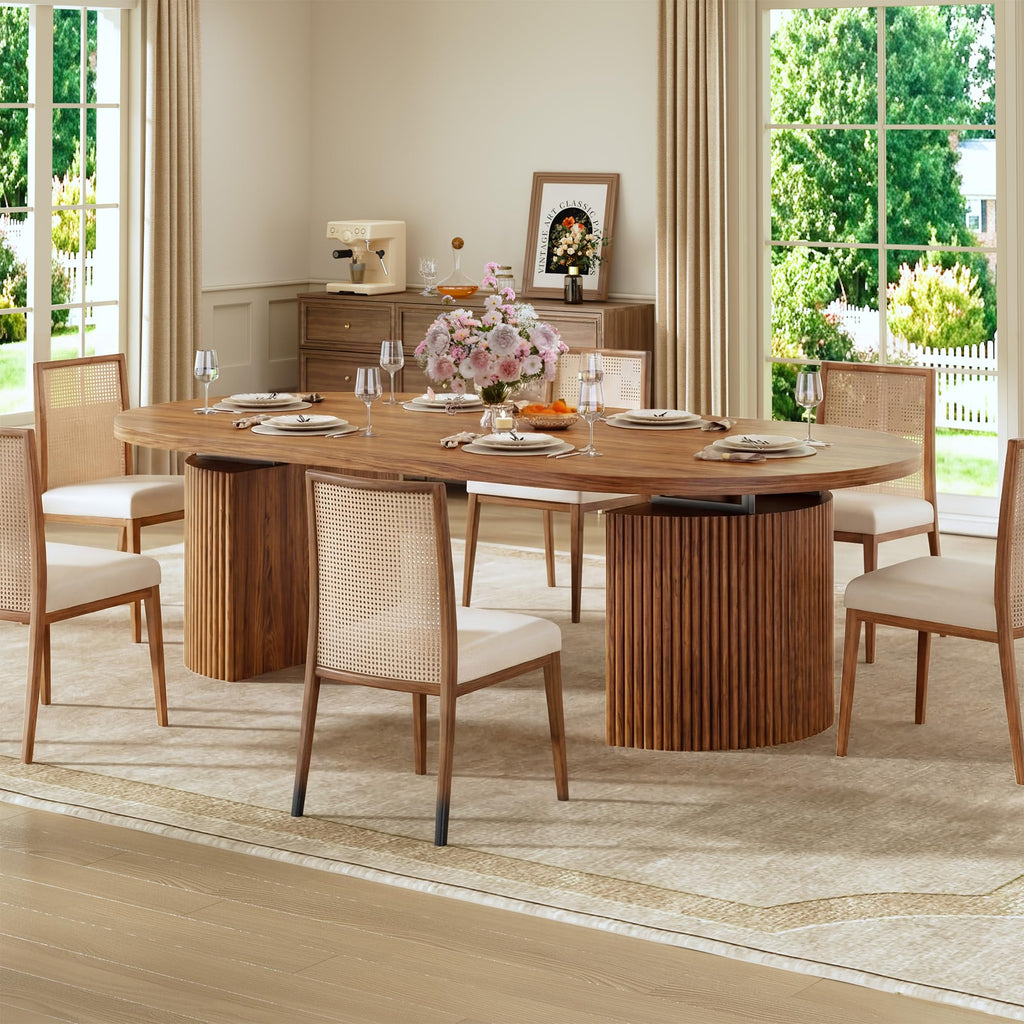 Extendable Round Dining Table for 4-8, 39in-77in Long Large Kitchen Table with Fluted Base, Space Saving Modern