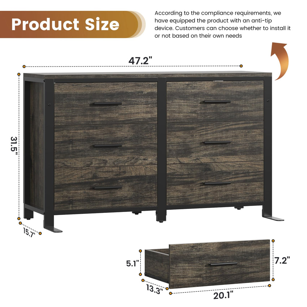 Dark Rustic Dresser, Wide Wood Dressers Furniture with 6 Wooden Drawer and Metal Frame, TV Stand with Deep Drawer