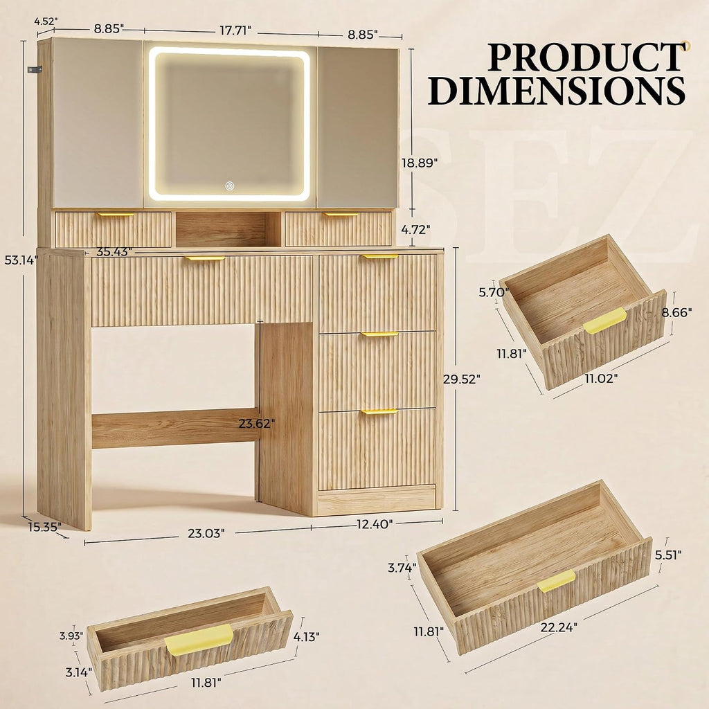 Vanity Desk with 3-Way Mirror and Lights, Makeup Vanity with 360° View Mirror, 3 Lighting Modes, 6 Drawers,Storage