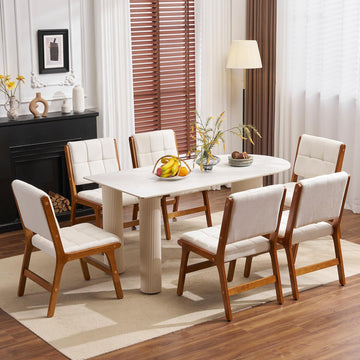 Oak Wood Dining Chairs Set of 6, Mid-Century Modern Linen Fabric Upholstered Kitchen Chair, Farmhouse Dining Room