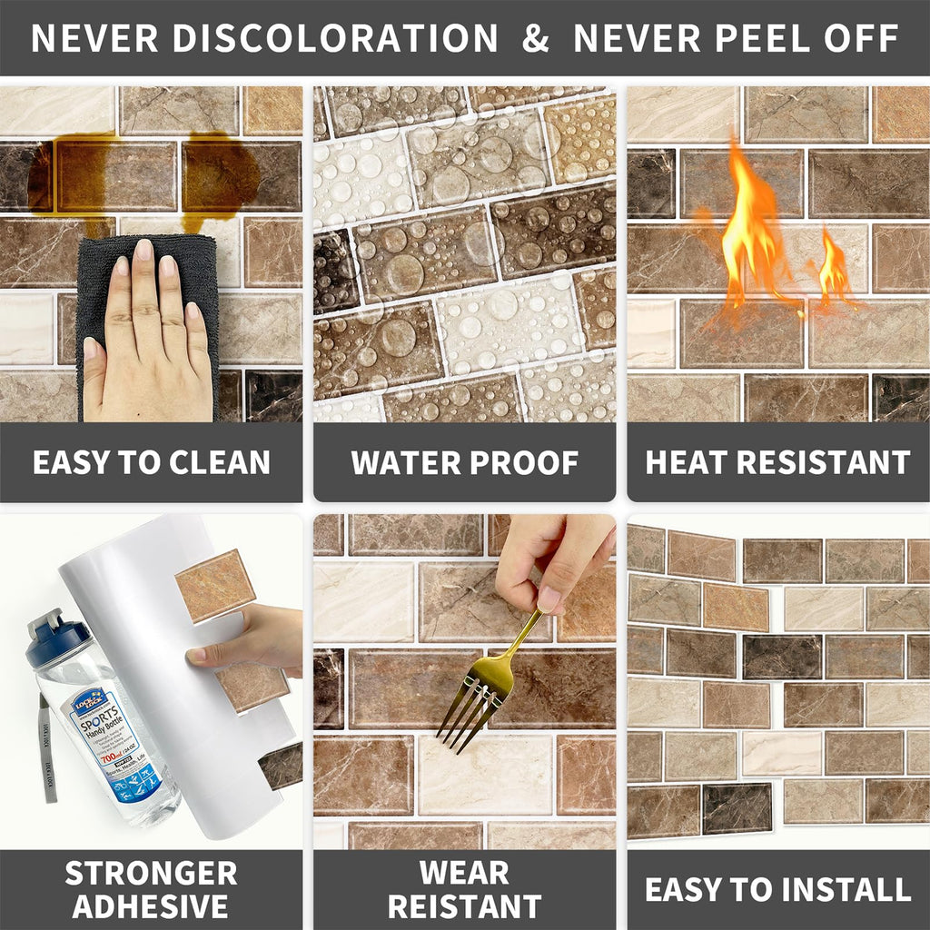 10-Sheet Stick on Backsplash ,12"x12" Peel and Stick Self Adhesive Wall Tiles Back Splashes Brown Marble Look
