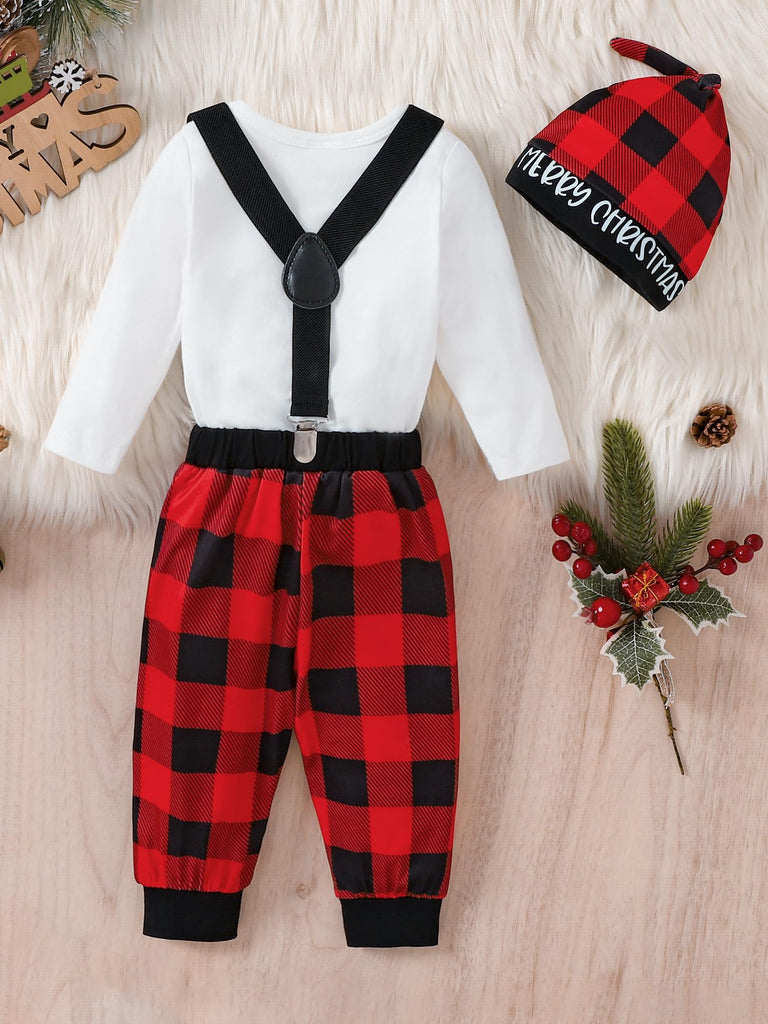 Newborn Baby Boy First Christmas Outfit My 1st Christmas Romper Red Plaid Pants Hat 3Pcs Clothes, White