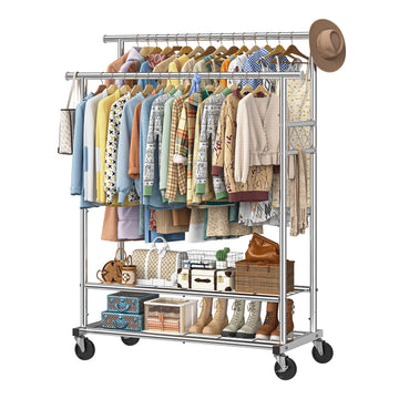 Heavy Duty Clothes Rack, Rolling Clothing Rack for Hanging Clothes Load 650 LBS with 2 Sturdy Shelves, Garment Rack
