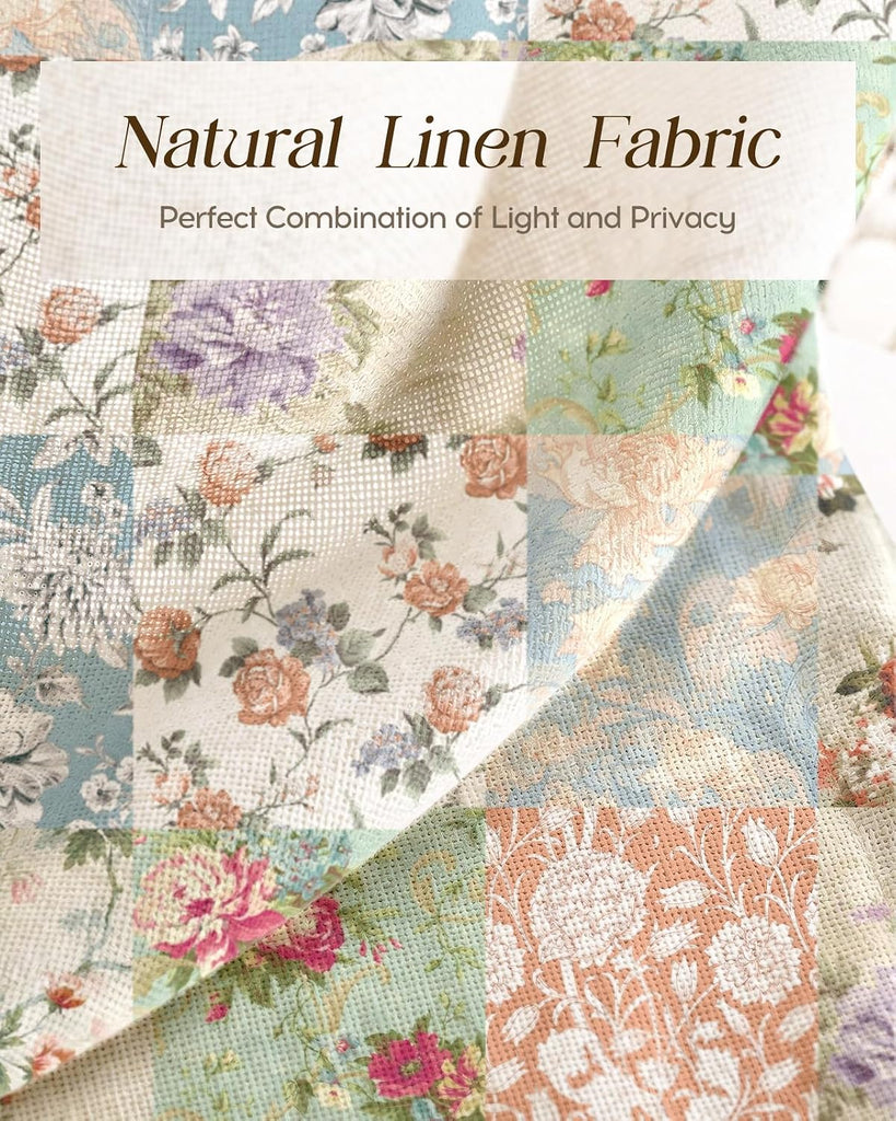Boho Kitchen Curtains - 36 Inch Length Linen Blend Vintage Floral Cafe Curtains Country Tier Curtain Short Drapes Rod