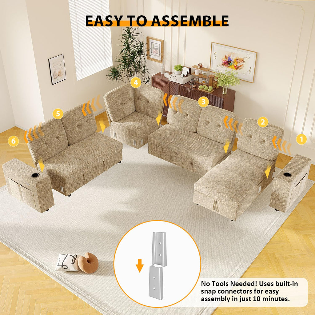 Modular Sectional Sleeper Sofa with Pull Out Bed, 108 Inch U Shaped 7 Seat Couches, Chenille Fabric Cloud Couch Bed