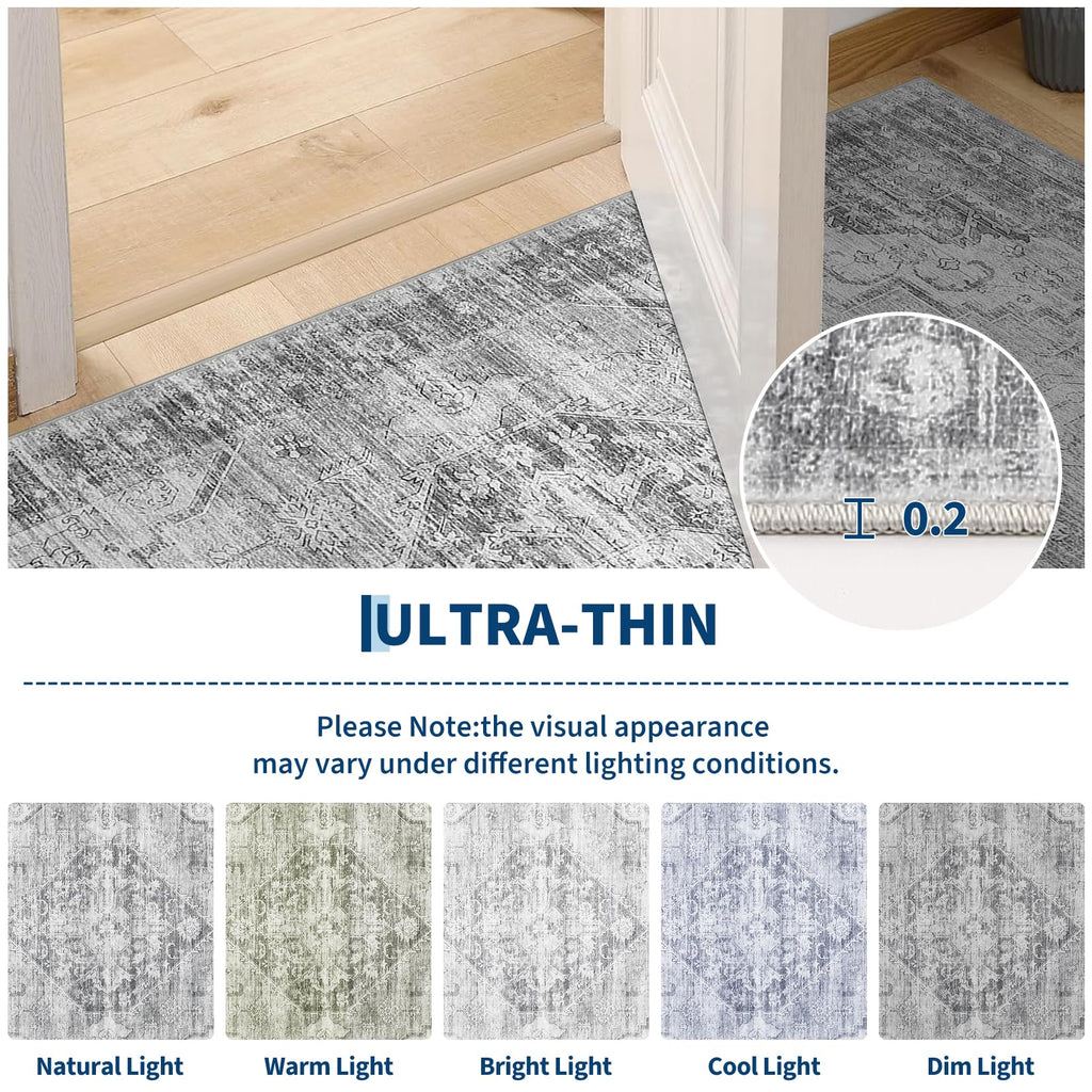 Grey Boho Washable Runner Rug Hallways Entryway