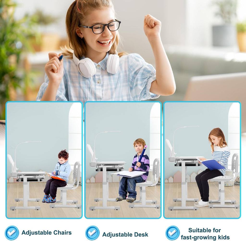 Kids Desk and Chair Set, Height Adjustable Children School Functional Study Desk with 55° Tiltable Desktop, 3 Modes &