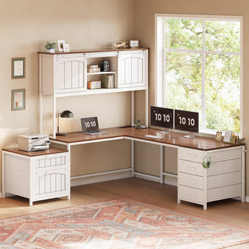 Reversible Farmhouse L-Shaped Desk with Hutch, 6 Drawers, File Drawer & Power Outlets