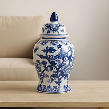 Chinoiserie Ginger Jar with Lid - Hand-Painted Ceramic Oriental Decorative Vase Decor - Modern Centerpiece - 14"